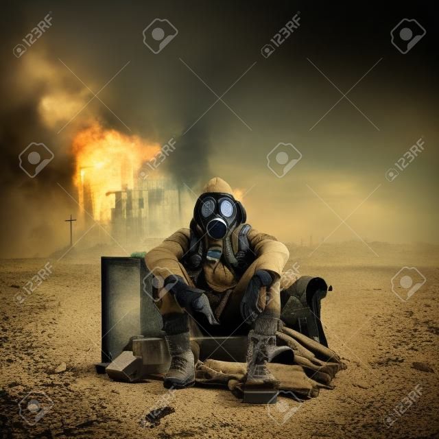Environmental disaster. Post apocalyptic survivor in gas mask
