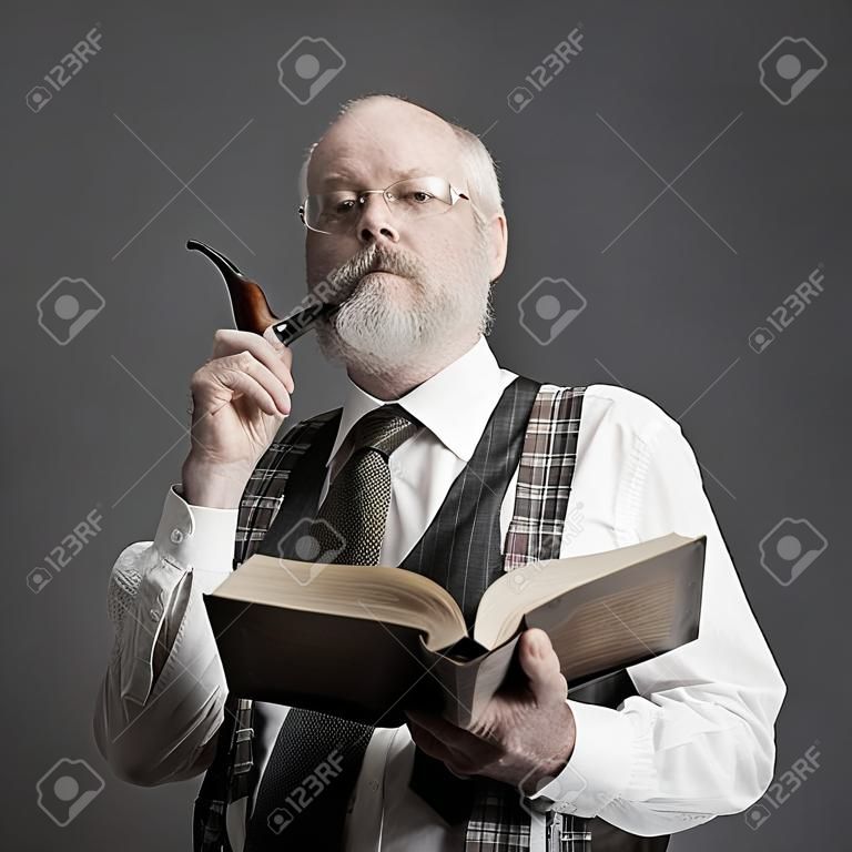 Zelfverzekerde hoogleraar roken een pijp en het lezen van een oud boek, kennis en onderwijs concept
