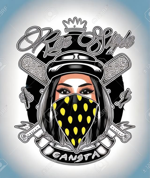 Emblem with pretty hip hop swag girl face. Vector Illustration