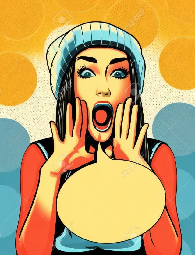 Pop Art Vintage advertising poster comic girl with speech bubble. Pretty girl announcing, telling a secret, shouting or yelling vector illustration