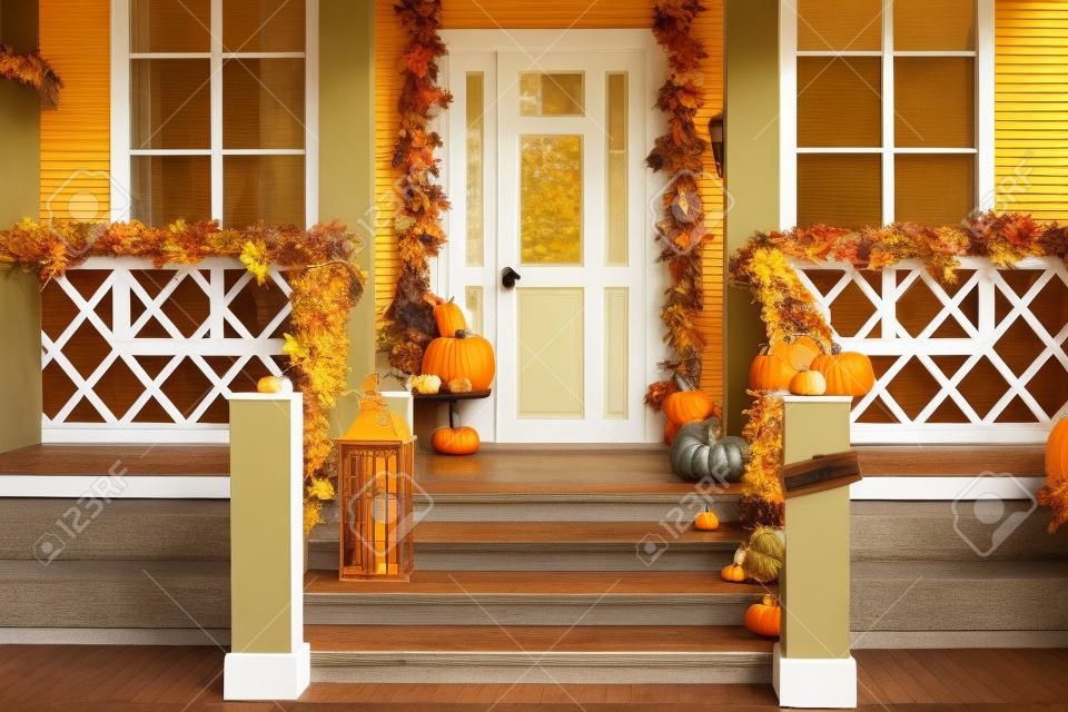 Escalier d'entrée de maison décoré pour les vacances d'automne, fleurs d'automne et citrouilles. confortable porche en bois de la maison avec des citrouilles en automne. maison design halloween avec chute jaune