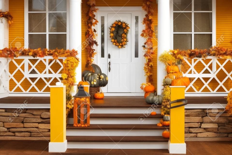 Escalier d'entrée de maison décoré pour les vacances d'automne, fleurs d'automne et citrouilles. confortable porche en bois de la maison avec des citrouilles en automne. maison design halloween avec chute jaune