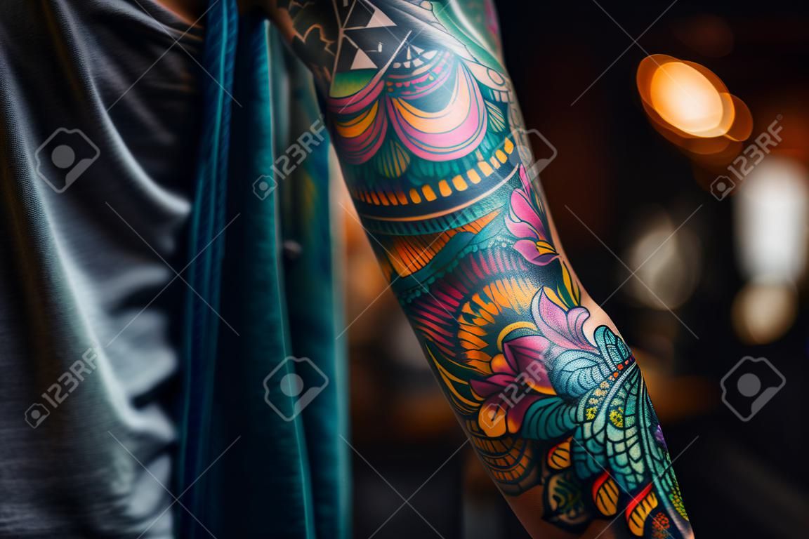 Braccio della persona coperto di tatuaggi colorati. ai generativo. illustrazione di alta qualità