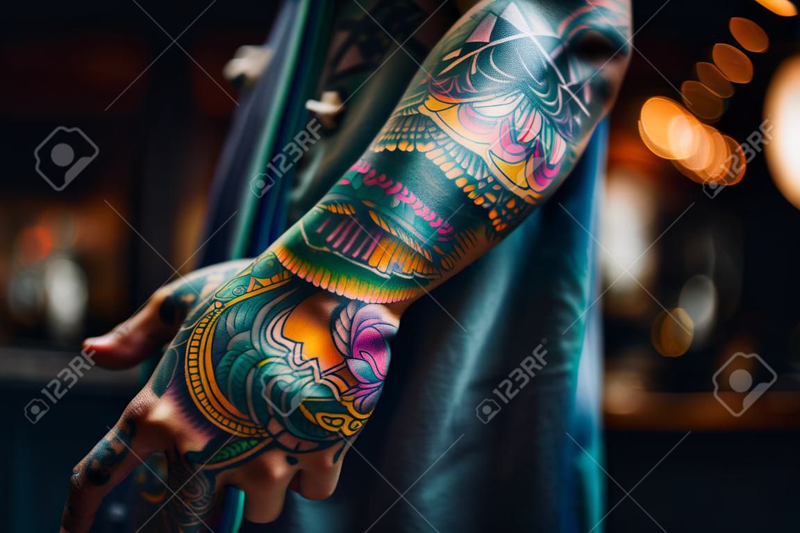 Persoonsarm die bedekt is met kleurrijke tatoeages, generatieve ai illustratie van hoge kwaliteit