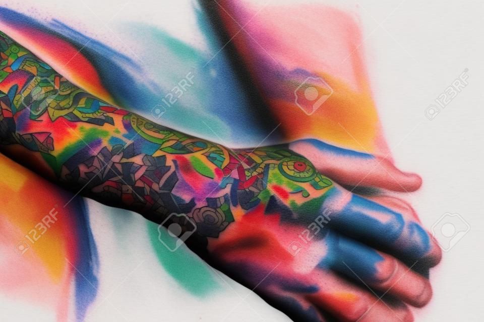 Person arm that is covered in colorful tattoos. Generative AI. high quality illustration