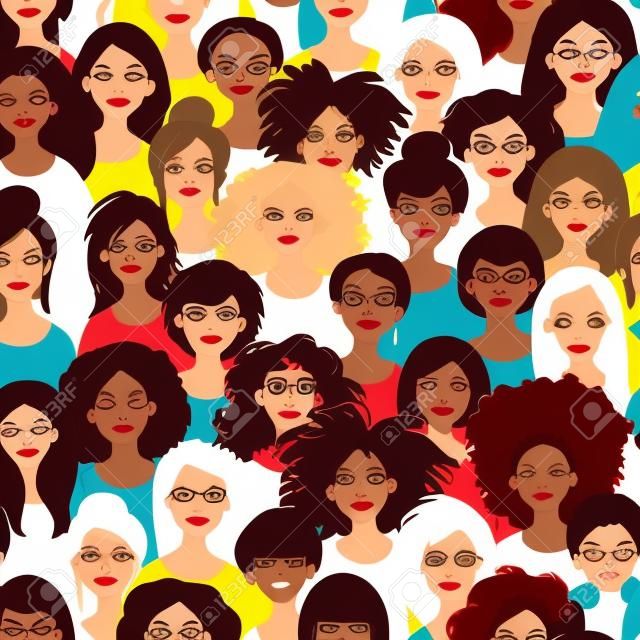 Ilustração das mulheres da raça diferente junto. Igualdade da raça, diversidade, feminismo, arte da tolerância no estilo mínimo. Padrão sem emenda do vetor desenhado à mão.