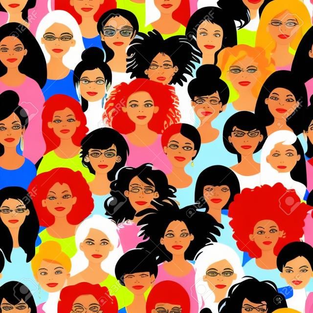 Illustration of women of different race together. Race equality, diversity, feminism, tolerance art in minimal style. Hand drawn vector seamless tile pattern.