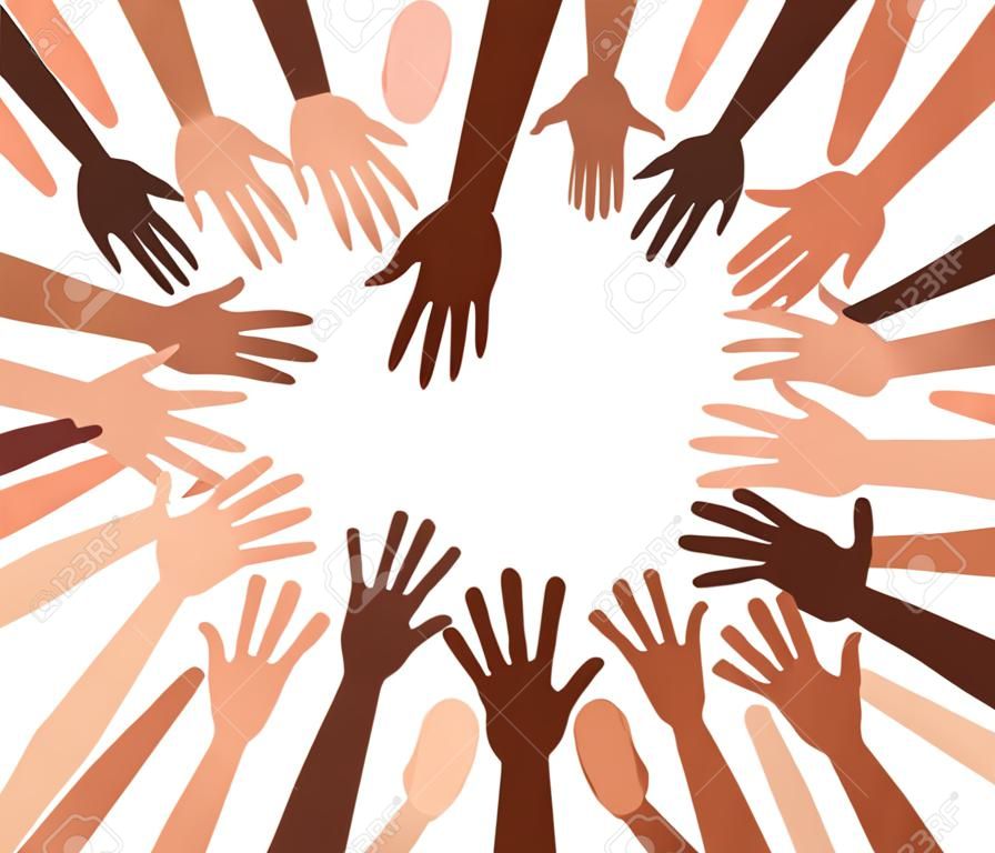Illustration of a group of peoples hands with different skin color together. Diverse crowd, race equality, communication vector art in minimal flat style.