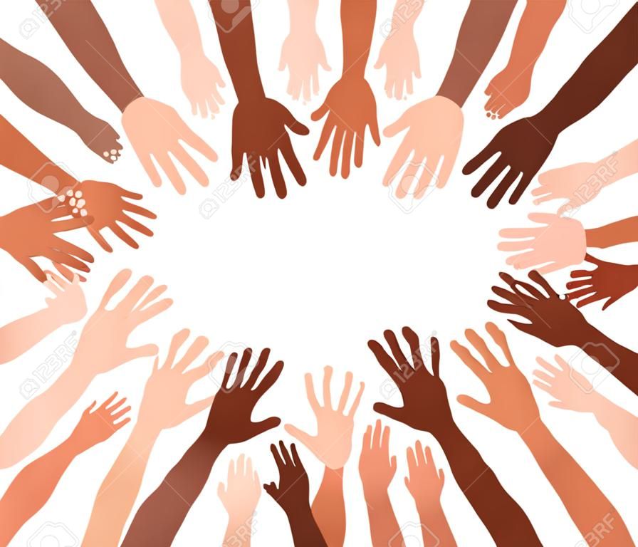 서로 다른 피부색을 가진 한 무리의 사람들의 손을 함께 그린 그림. 다양한 군중, 인종 평등, 최소한의 평면 스타일로 된 커뮤니케이션 벡터 아트.