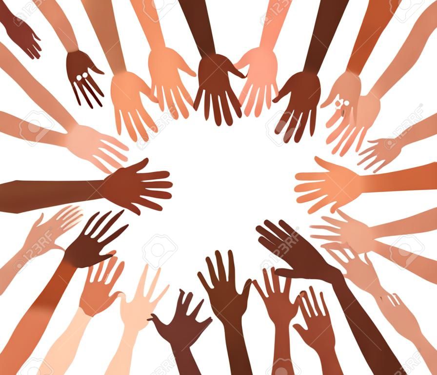 Illustrazione di un gruppo di mani di persone con diverso colore della pelle insieme. Folla diversificata, uguaglianza di razza, arte vettoriale di comunicazione in stile piatto minimale.