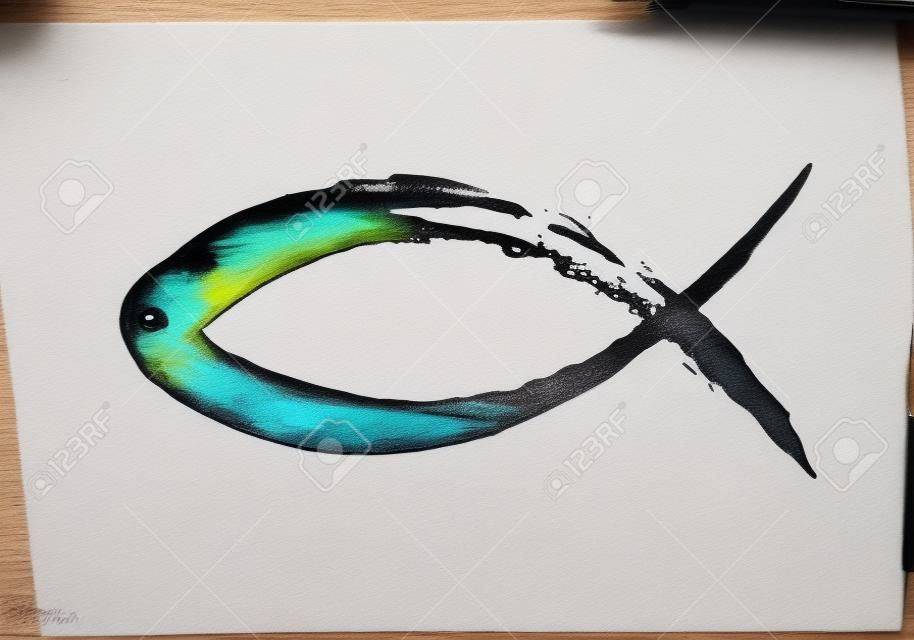 Fischsymbol handbemalt mit Tintenpinsel