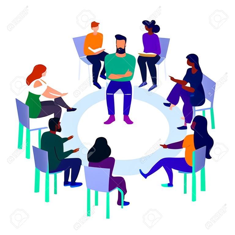 Concept art di terapia di gruppo, incontro di brainstorming, persone sedute in cerchio, club anonimo. Isolato su sfondo bianco.