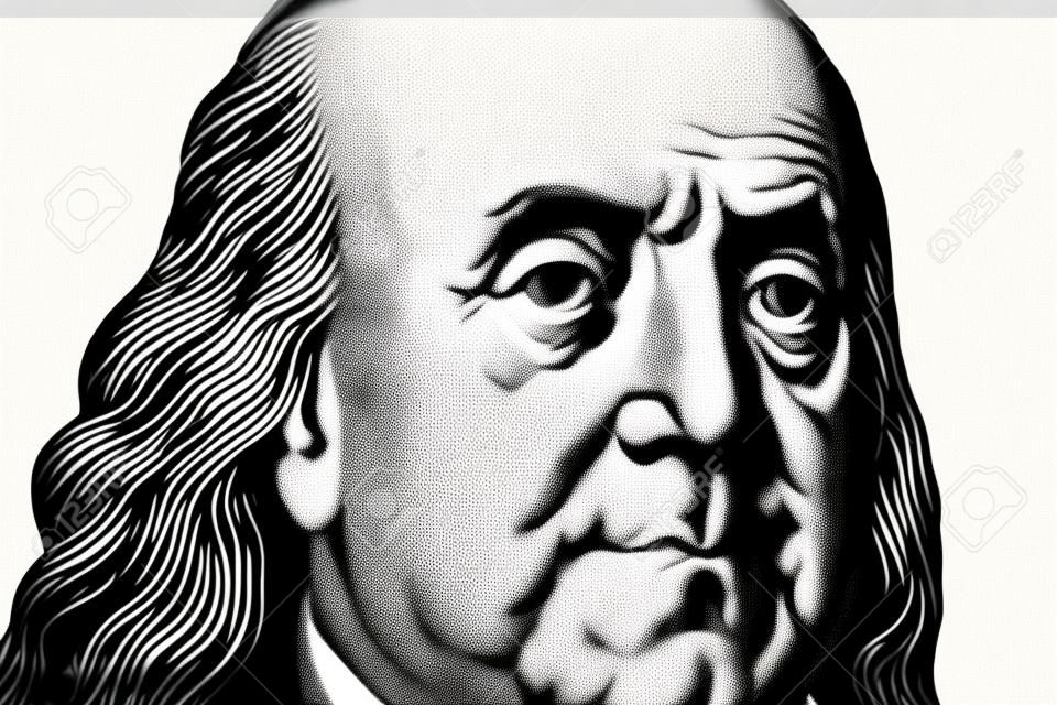 Portrait of former U.S. President Benjamin Franklin on the hundred dollars isolated on white background. Toned.