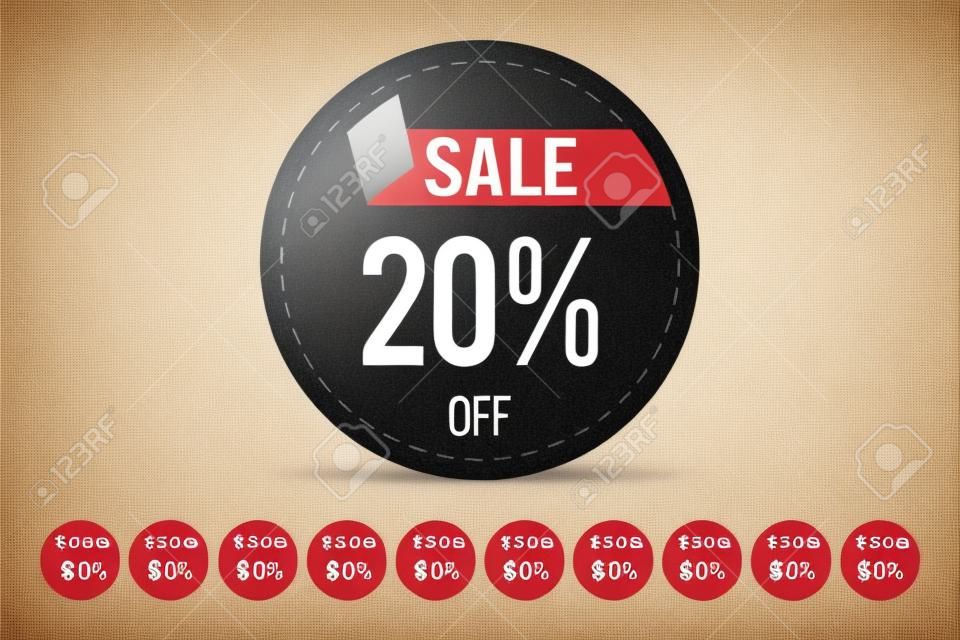 Price tag promotion sale template discount label set 20% off; 10% off; 15% off; 25% off; 30% off; 40% off; 50% off; 60% off; 70% off; 80% off.
