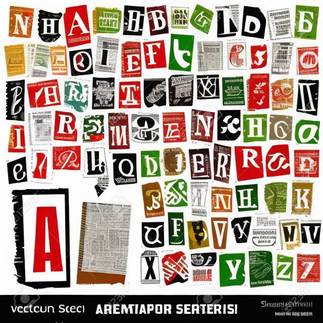 vector set  alphabet based on vintage newspaper cutouts - ideal for your threatening letters, ransom notes or similar      projects  ;  all letters are grouped and highly detailed textured 