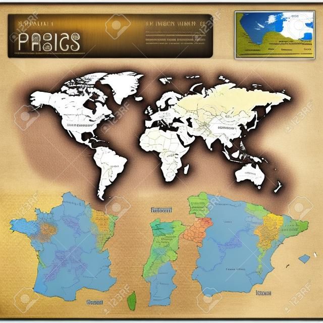worldmap és a részletes térképét Franciaország, Portugália és Spanyolország