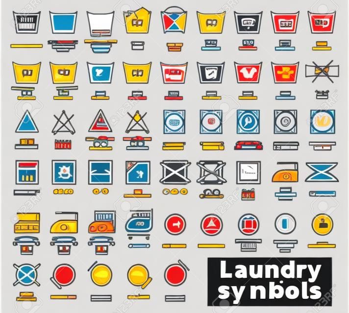 Ikona zestaw symboli pralniczych, ilustracji wektorowych