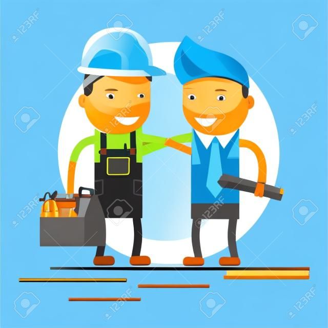personajes planos de diseño fresco en la construcción de trabajador con el casco duro sombrero, y la caja de herramientas y un ingeniero civil especialista en plan de explotación