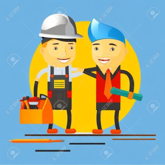 Cool flat design characters on building worker with hard hat helmet, and tool box and civil engineer specialist holding plan