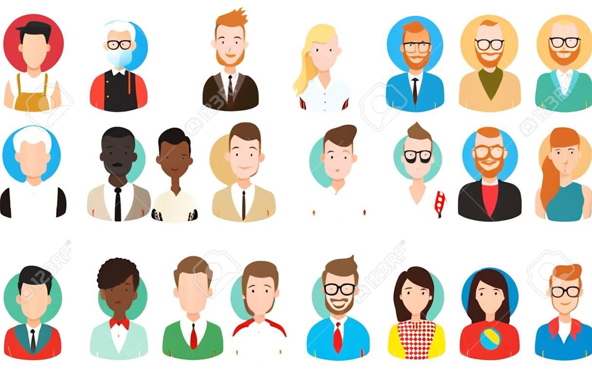 Male avatar icons set. People characters in flat style. Design elements isolated on white background. Faces with different styles and nationalities.