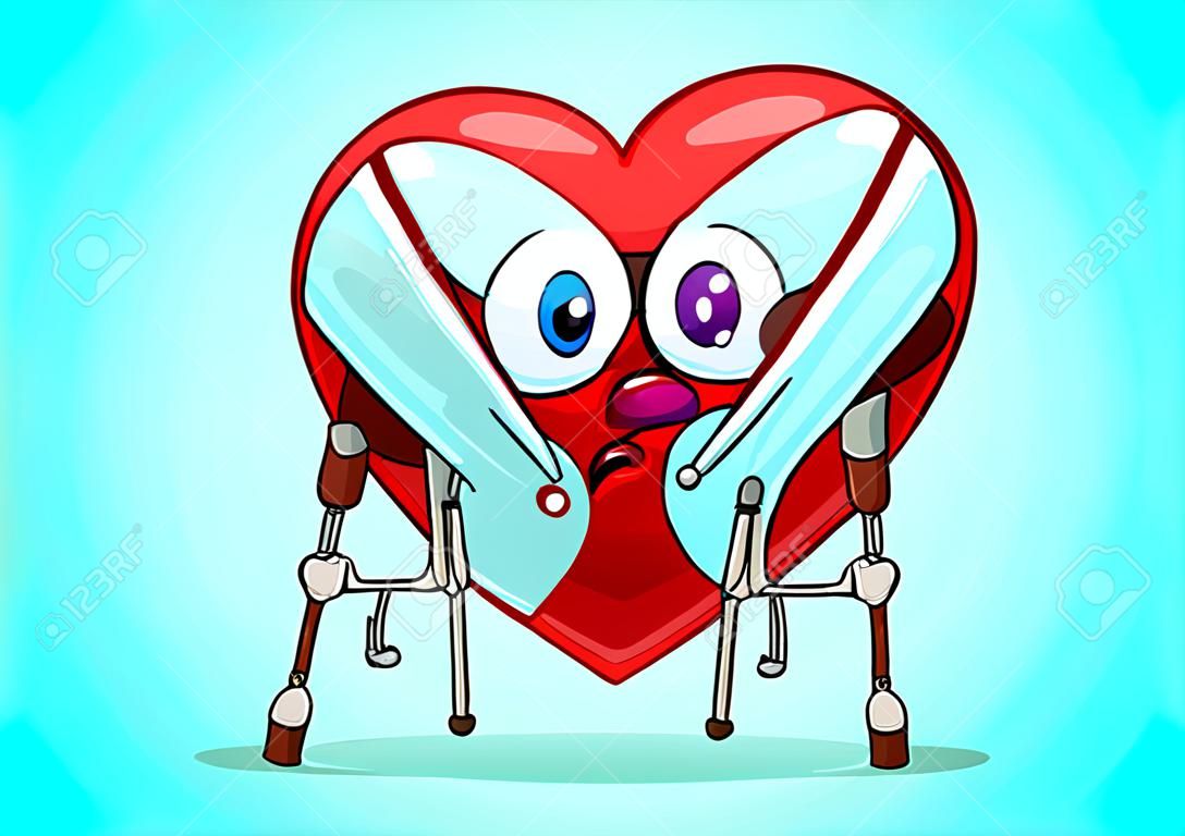 The picture shows a sick heart on crutches.