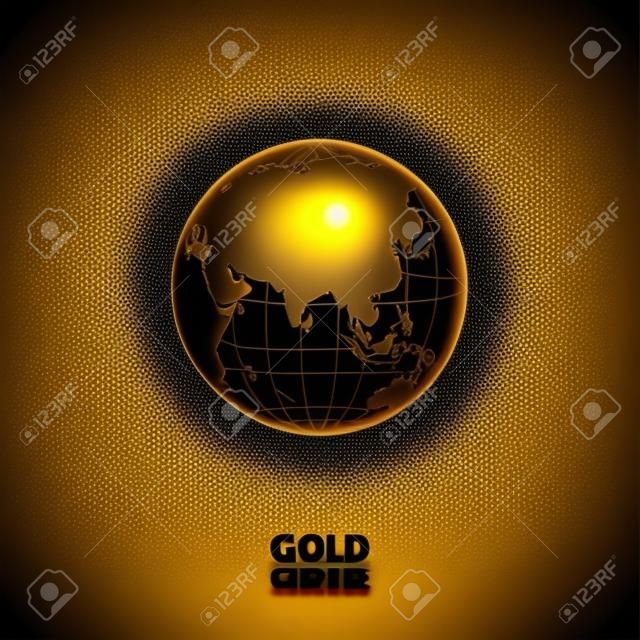 Golden transparent globe isolated on black background. Vector icon.