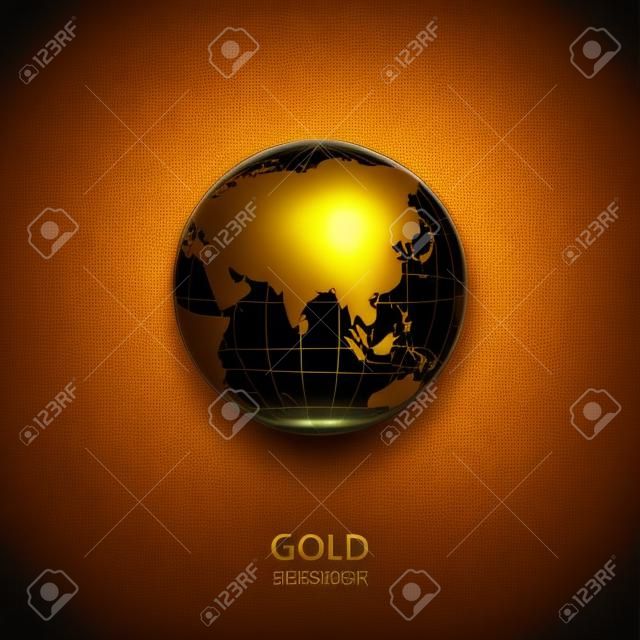 Arany átlátszó gömb elszigetelt fekete háttér. Vector ikon.