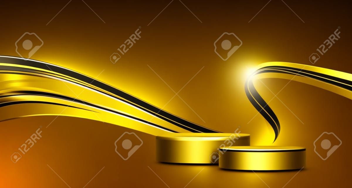 金色の線が入った最小限の黒いシーン。黒の背景に円筒形の金と黒の表彰台。化粧品を展示するための3Dステージ
