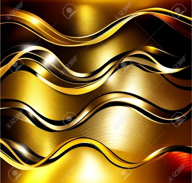 Abstract Gold Waves. Glanzende gouden bewegende lijnen ontwerpelement met glitter effect op donkere achtergrond voor wenskaart en disqount voucher.