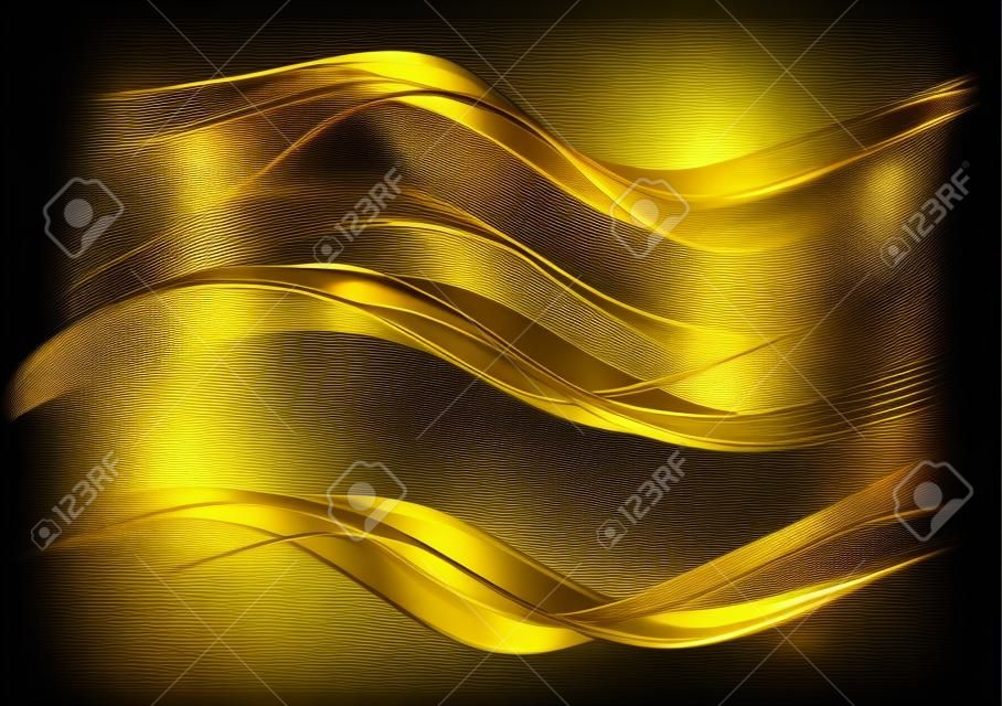 抽象的な金の波。暗い背景に光沢のある金色の動く線のデザインエレメントをグリーティングカードとディスクワントバウチャー用。