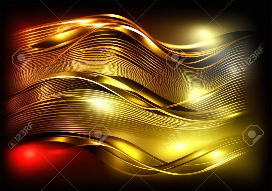 Onde astratte dell'oro. elemento di design di linee in movimento dorate lucide su sfondo scuro per biglietto di auguri e buono sconto.
