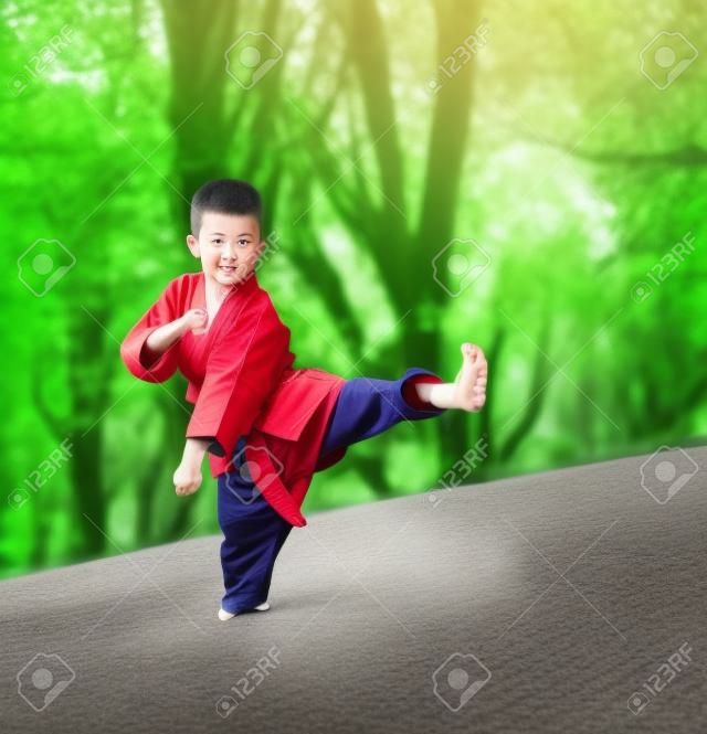 Мальчик практикующих боевые искусства за пределами весной