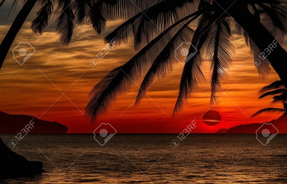 Silhouetted of coconut tree during sunrise
