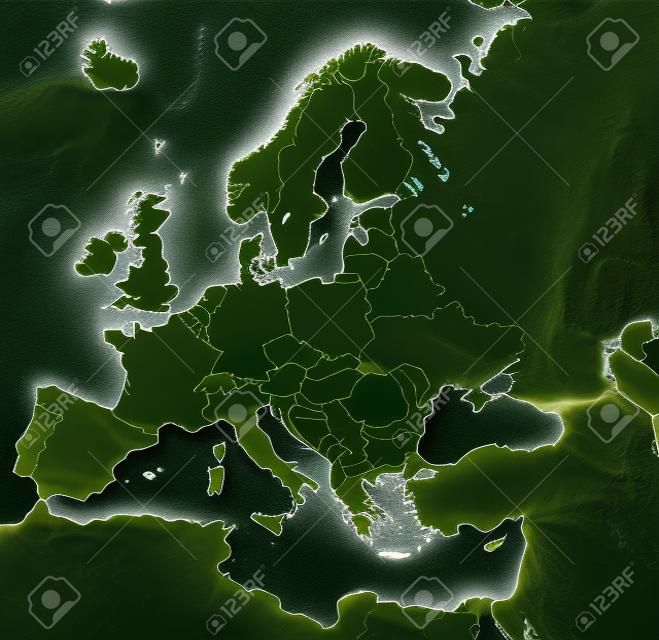 European map (a satellite view) with borderlines, capitals and big cities