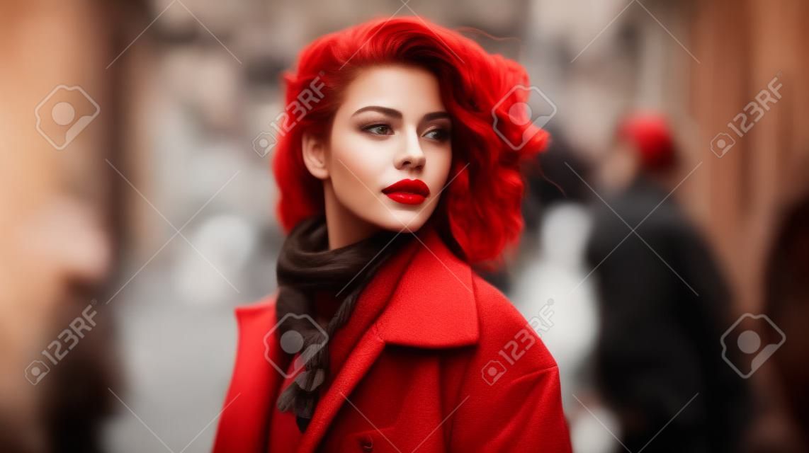 Portrait of a beautiful young woman with red lips on the street