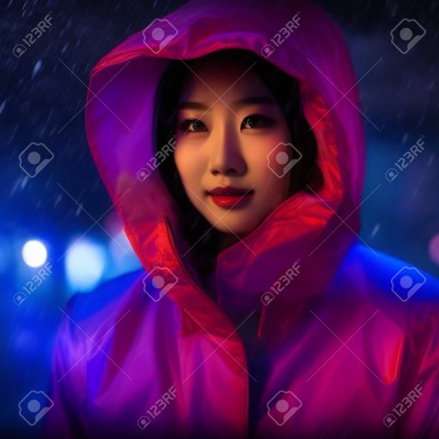 Portrait of a beautiful asian woman in raincoat at night