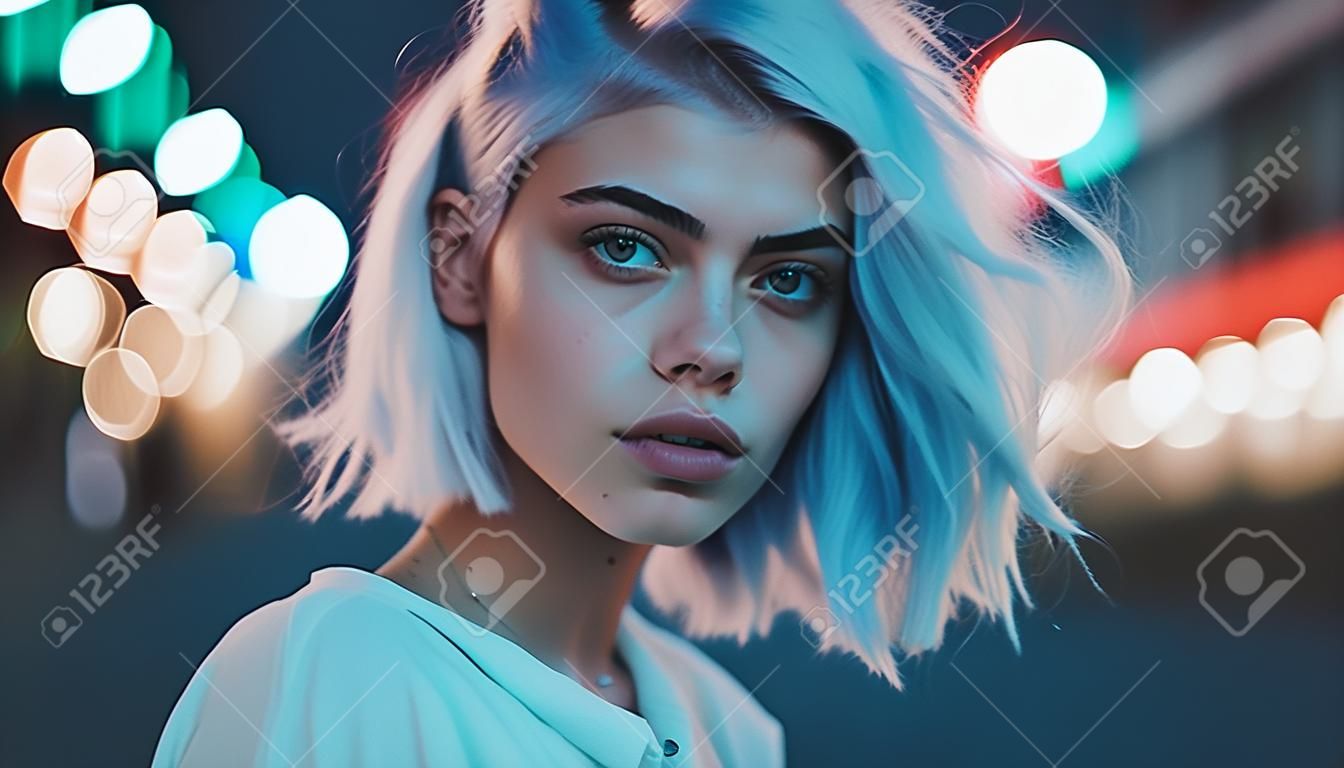 Portrait of a beautiful girl with blue hair in the night city