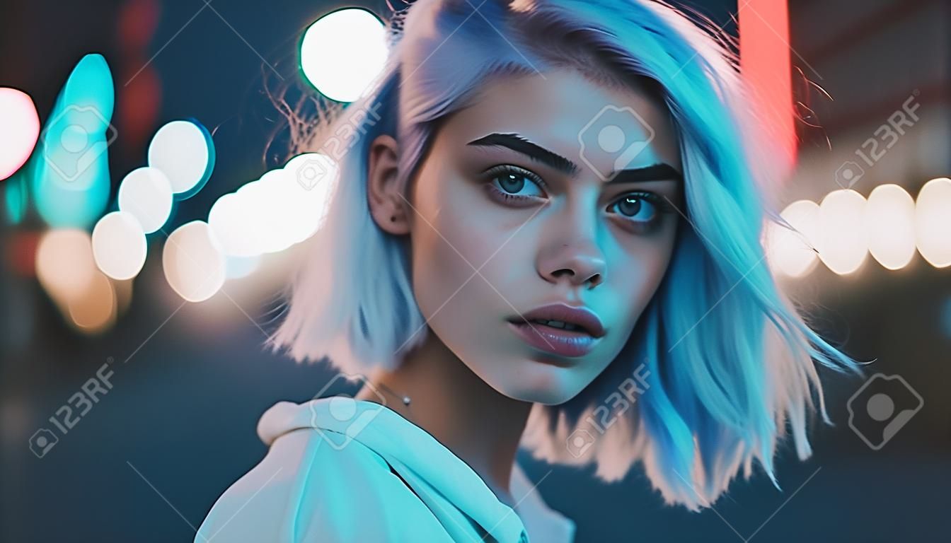 Portrait of a beautiful girl with blue hair in the night city