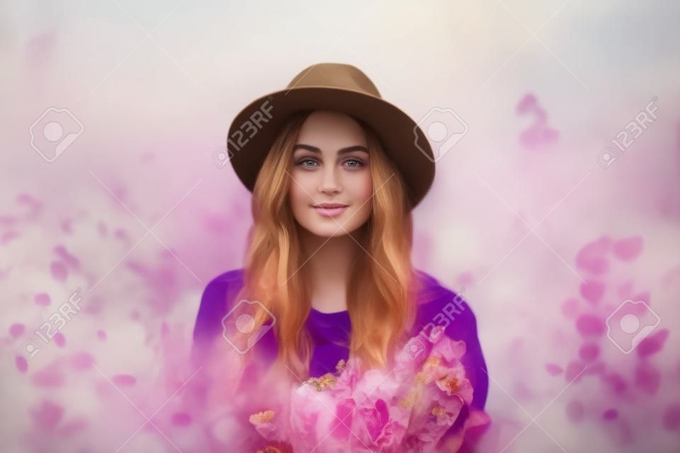 portrait of a young beautiful girl in a hat among the flowers