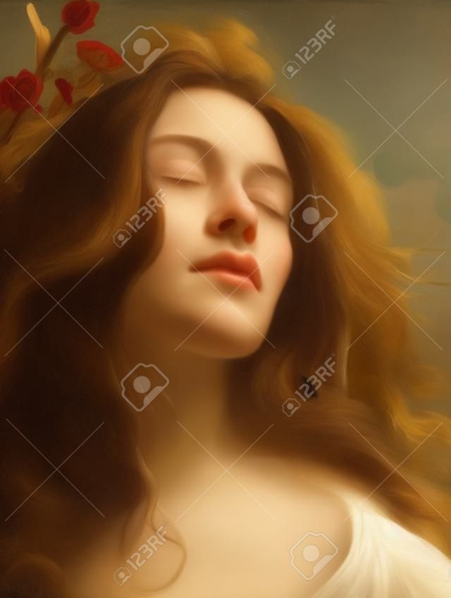 Retrato de una hermosa joven morena con los ojos cerrados.