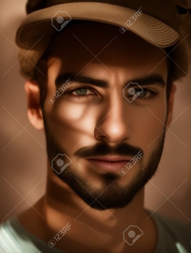 Portret van een knappe jongeman met schaduwen op zijn gezicht.