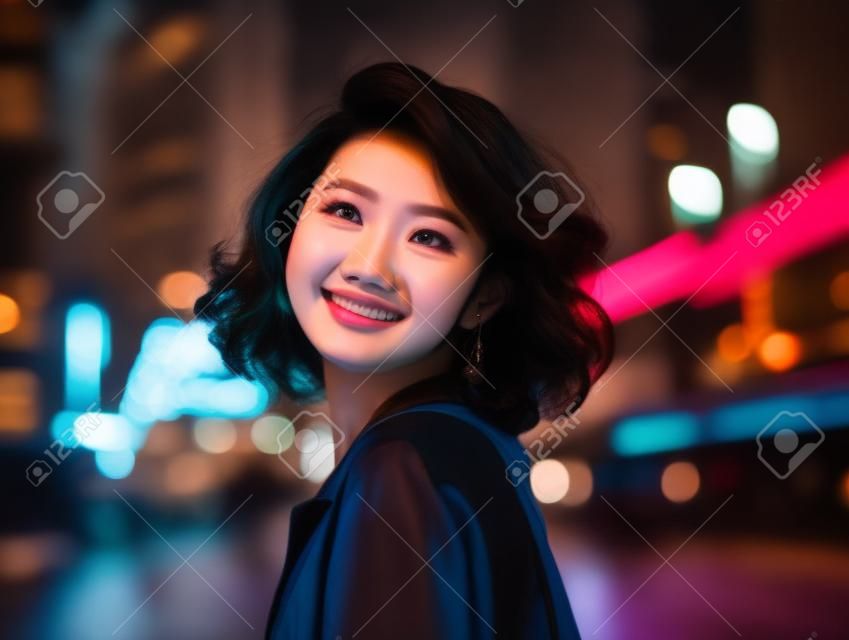 Portrait of beautiful asian woman walking in city at night.