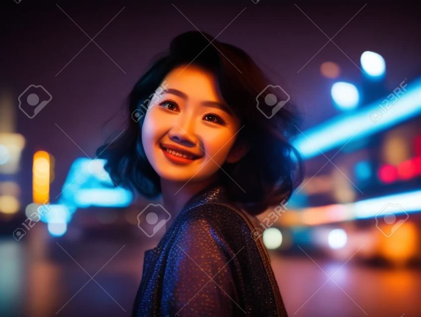 Portrait of beautiful asian woman walking in city at night.