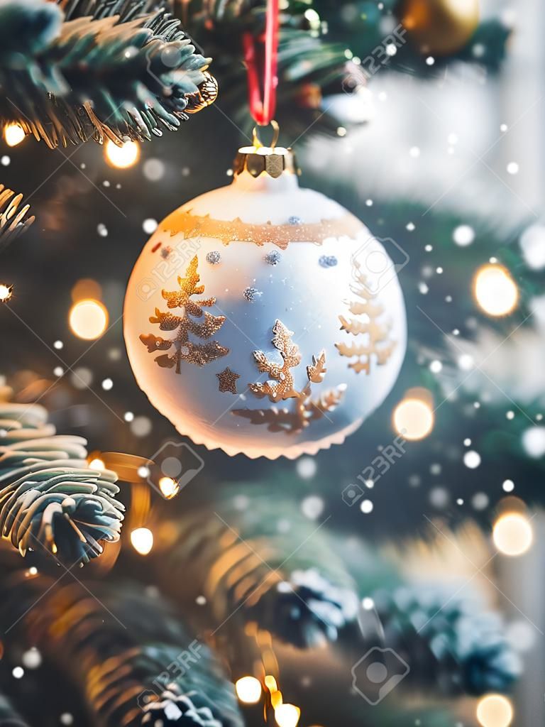 Christmas tree with decorations on blurred bokeh background. New Year.