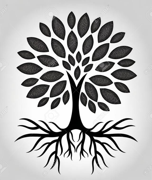Árbol con raíces silueta. ilustración vectorial