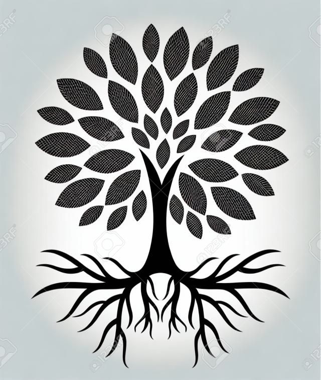Árbol con raíces silueta. ilustración vectorial