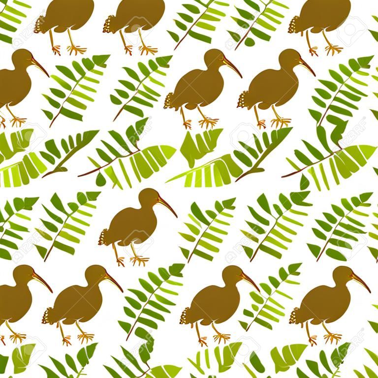 Kiwi pájaro y helechos de patrones sin fisuras. Ilustración vectorial