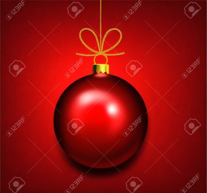 Christmas ball hanging ornament on red background. Vector illustration.