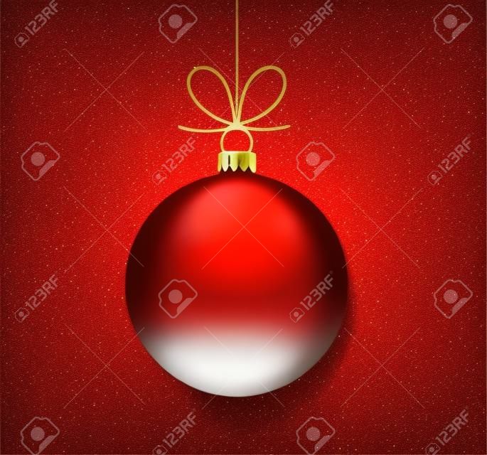 Christmas ball hanging ornament on red background. Vector illustration.