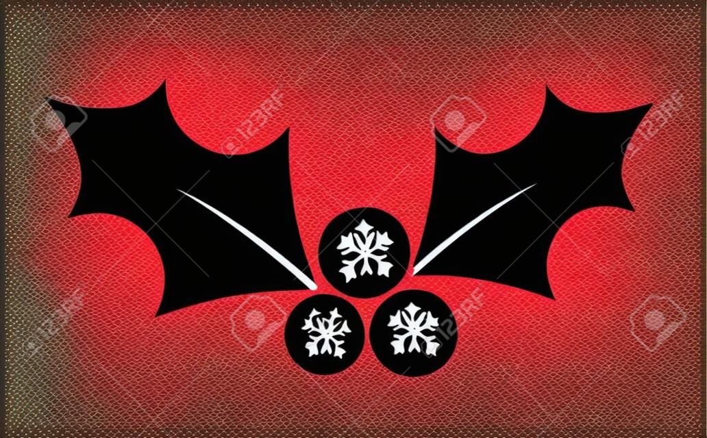 Icona nera di foglie e bacche di agrifoglio di Natale. Illustrazione vettoriale.